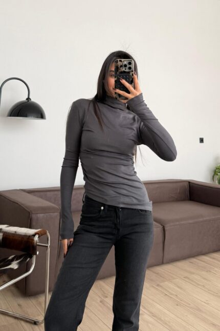 Yanları Büzgülü Balıkçı Yaka Bluz Antrasit