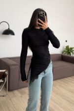 Kayık Yaka Dantel Detaylı Bluz Siyah