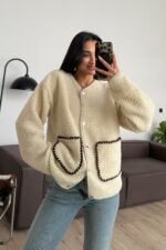 Çıtçıtlı Peluş Ceket Bej