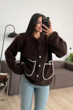Çıtçıtlı Peluş Ceket Kahverengi