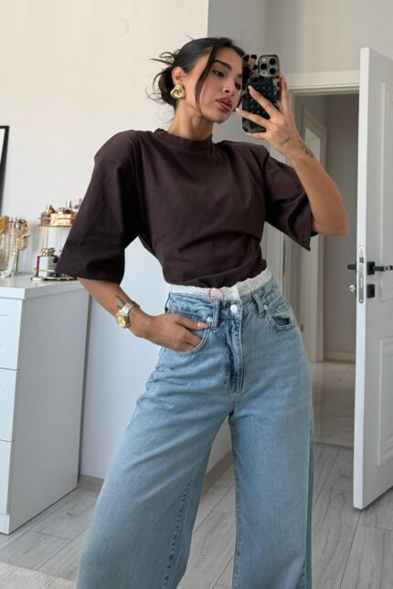 Vatkalı Pens Detaylı Tişört Kahverengi