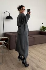 Önü Düğmeli V Yaka Triko Takım Antrasit - Görsel 3