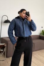 Beli Bağlamalı Kapitone Kısa Mont Lacivert