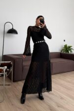 Zincir Kemerli Dantel Elbise Siyah