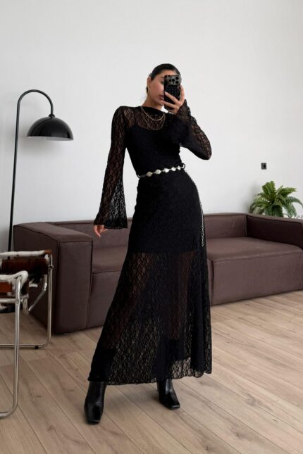Zincir Kemerli Dantel Elbise Siyah