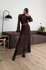 Zincir Kemerli Dantel Elbise Kahverengi