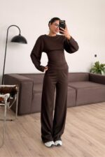 Belden Oturtmalı Dikişli Modal Takım Kahverengi