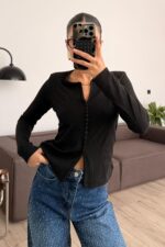 Kaşkorse V Yaka Önü Düğmeli Bluz Siyah