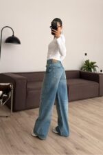 Beli Çapraz Düğmeli Wide Leg Jean - Görsel 4