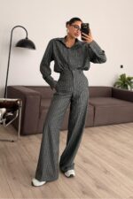 Vatkalı Çizgili Pantolon Takım Antrasit