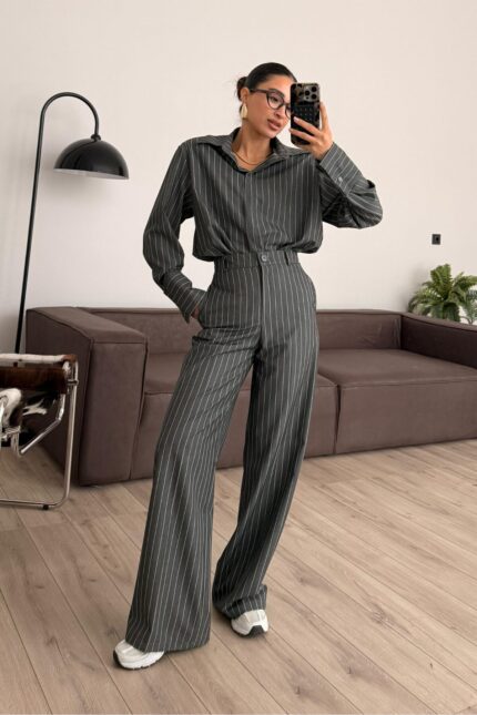 Vatkalı Çizgili Pantolon Takım Antrasit