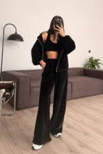 Kadife Hırka Crop pantolon Takım Siyah - Görsel 2