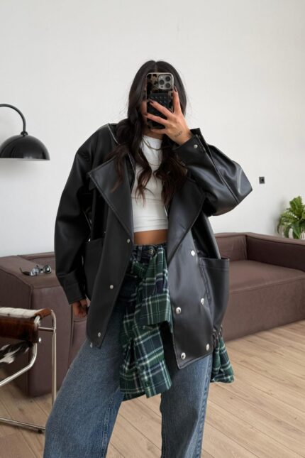 Hakim Yaka Bomber Deri Ceket Siyah