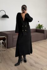 Önü Düğmeli V Yaka Triko Takım Siyah - Görsel 2