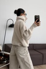 Fermuarlı Dik Yaka Örgü Hırka Bej - Görsel 3