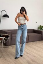 Süet Kemerli Wide Leg Mavi Jean