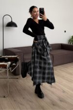 Beli Bağlamalı Ekose Düğmeli Etek Antrasit - Görsel 2