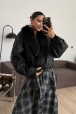 Beli Lastikli Yakası Kürklü Deri Ceket Siyah