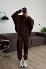 Tasarım Kapşonlu Sweat Eşofman Takım Kahverengi - Görsel 2