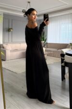 Kayık Yaka palazzo Pantolon Takım Koyu Antrasit - Görsel 4