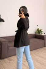 Yakası Kürklü Fitilli Hırka Siyah - Görsel 3