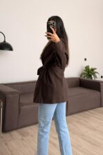 Yakası Kürklü Fitilli Hırka Kahverengi - Görsel 3