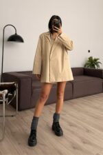 Yandan Yırtmaçlı Oversize Blazer Ceket Bej