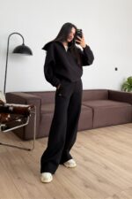 Fermuarlı Dik Yaka Eşofman Takım Siyah