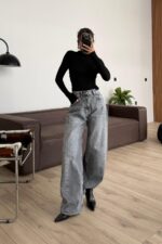 Verev Dikişli Geniş Paça Antrasit Jean