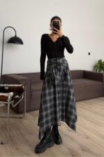 Beli Bağlamalı Ekose Düğmeli Etek Antrasit