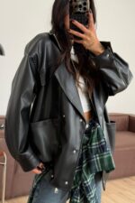 Hakim Yaka Bomber Deri Ceket Siyah - Görsel 2