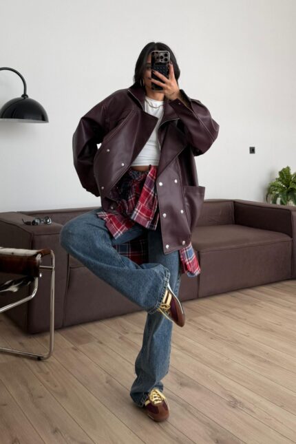 Hakim Yaka Bomber Deri Ceket Mürdüm