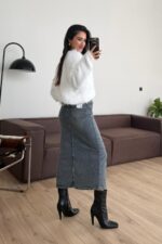 Önü Yırtmaçlı Eskitmeli Kot Etek - Görsel 4