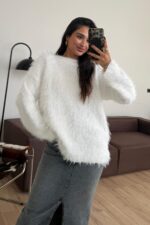 Sakallı Bisiklet Yaka Kazak Ekru