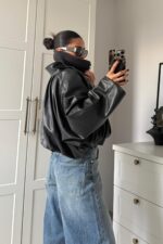 Pileli Yarasa Kollu Deri Ceket Siyah - Görsel 4