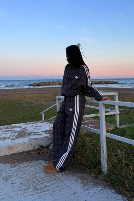 Ekose Desenli Yanları Şeritli Eşofman Takım Antrasit