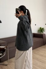 V Yaka Zincir Örgülü Triko Kazak Antrasit - Görsel 3