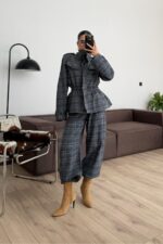 Beli Lastikli Ekose Desenli Takım Lacivert