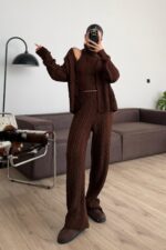 Saç Örgülü 3 Parça Triko Takım Kahverengi - Görsel 2