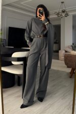 Manşet Kol Yakası Şallı Gömlek Takım Antrasit