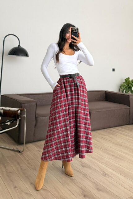 Beli Lastikli Ekose Etek Bordo