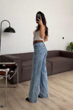 Süet Kemerli Wide Leg Mavi Jean - Görsel 3