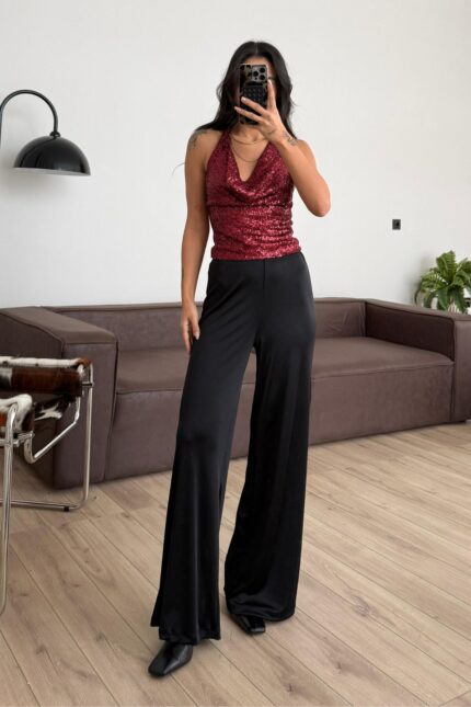 Parlak Kumaş palazzo Pantolon Siyah