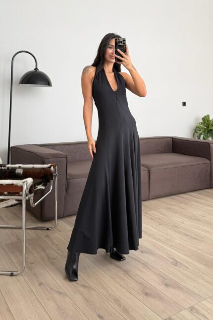 Boyundan Geçmeli Dalgıç Kumaş Elbise Siyah