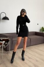 Beli Tokalı Kayık Yaka Simli Elbise Siyah