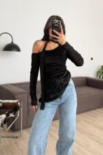 Tek Kollu Kadife Bluz Siyah