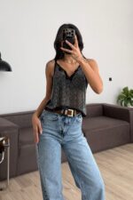 Taşlı Tül Bluz Siyah