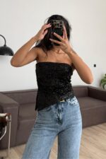 Straplez Drapeli Pullu Bluz Siyah