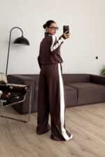 Yakası Fermuarlı Şeritli Modal Takım Kahverengi - Görsel 4