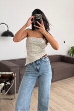 Straplez Drapeli Pullu Bluz Rose